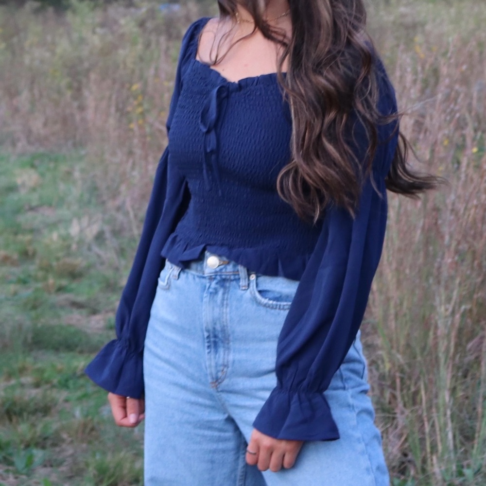 Gorgeous Navy Blue Ruched Puffed Long Sleeve Top